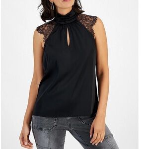 INC International Concepts Black High-Neck Lace Detail Blouse – Size Small – NWT